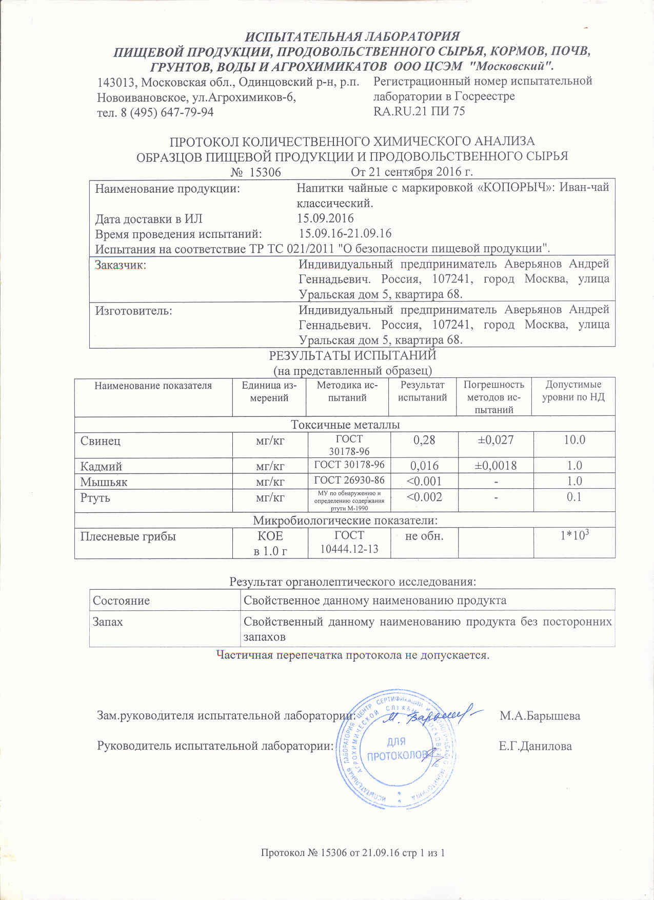 Протокол испытаний продукции образец